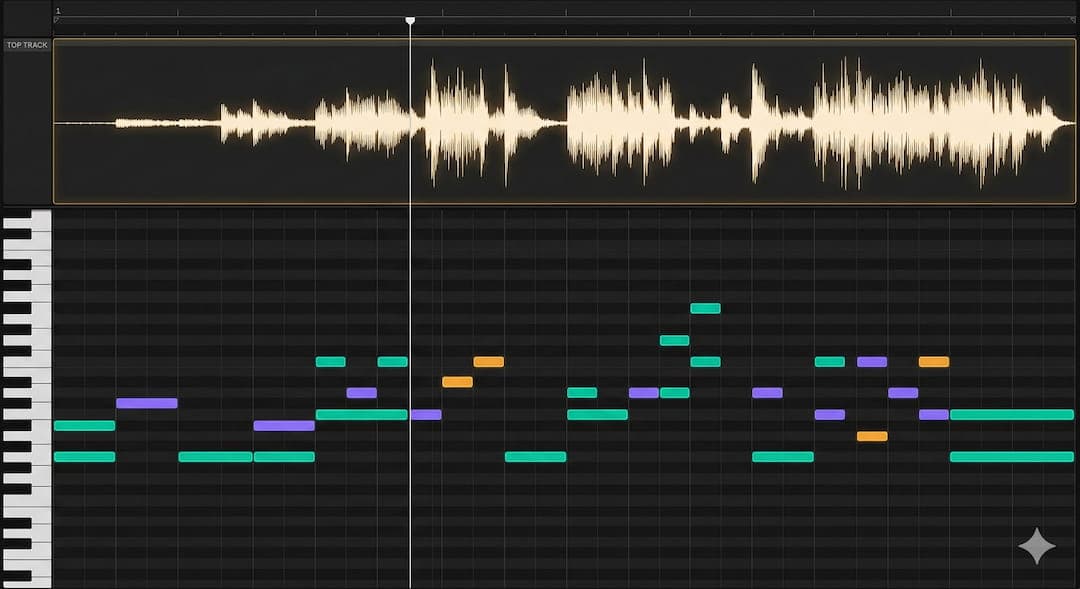 Audio to MIDI conversion with piano roll editor.