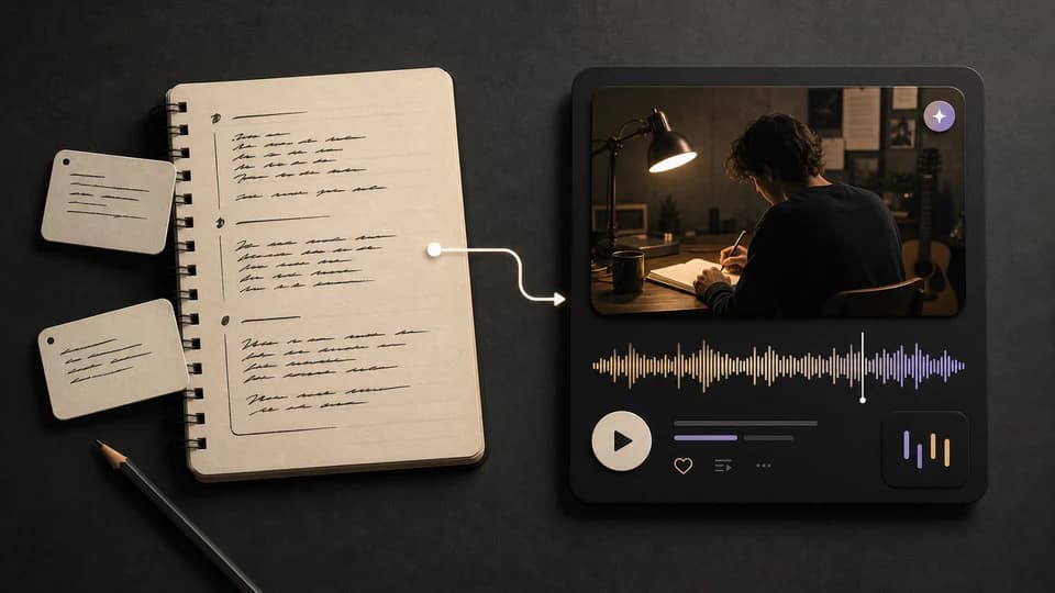 Lyric notebook transforming into a finished song card with realistic fictional cover art.