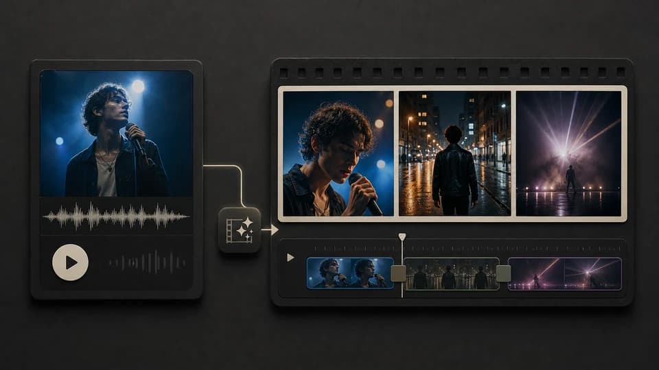 A source song card becoming a generated music video storyboard and timeline.