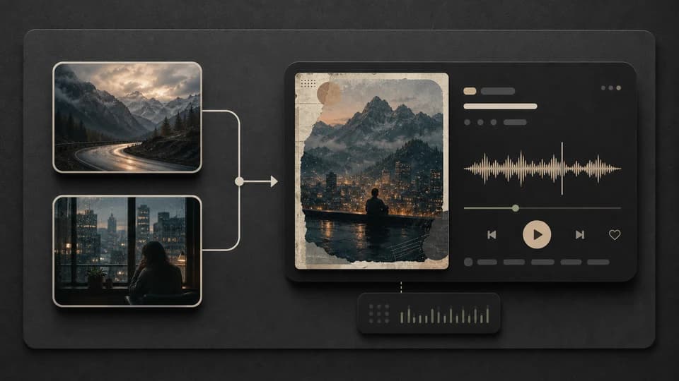 Uploaded image cards becoming a generated song card with realistic fictional cover art.