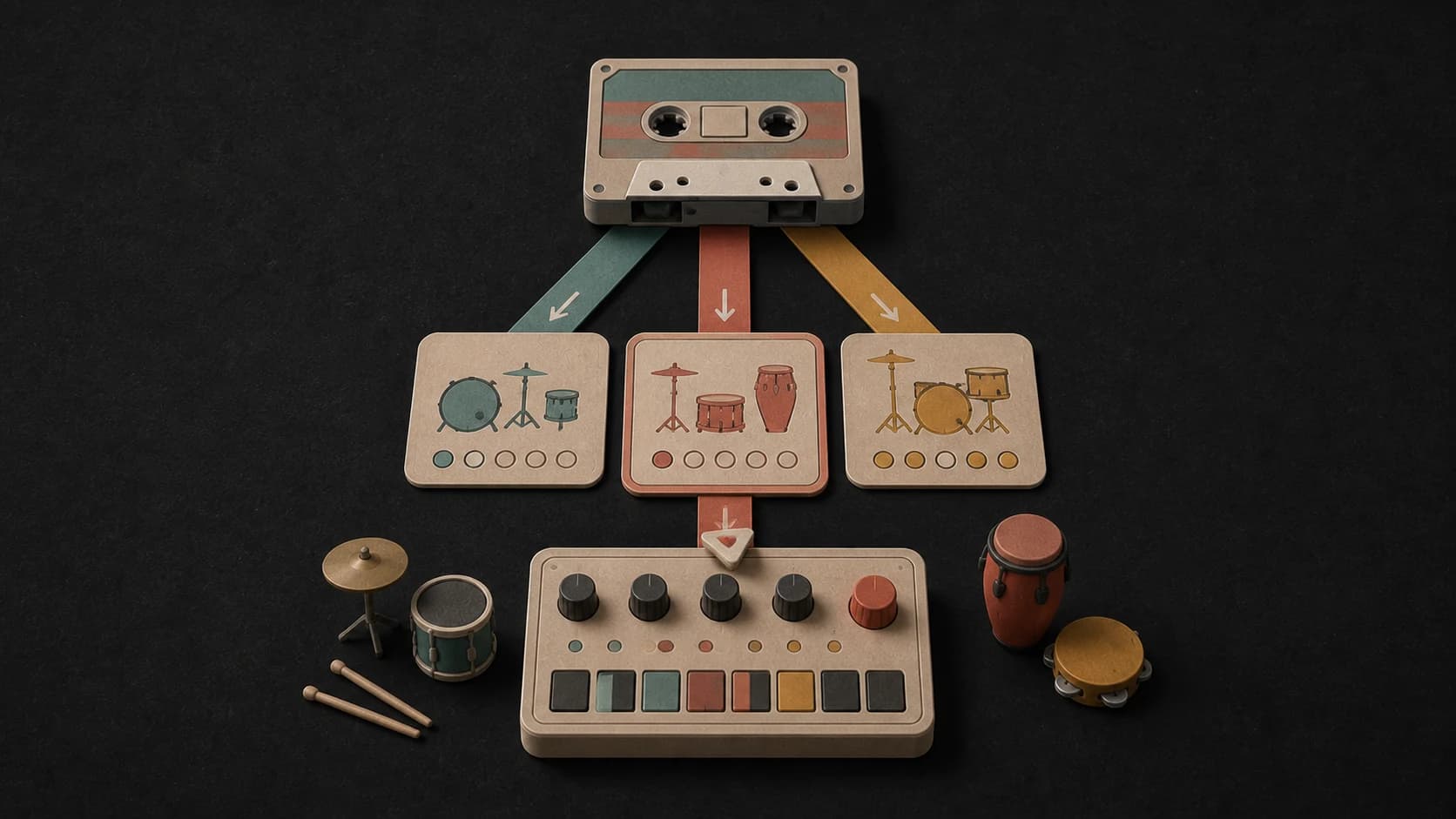 Different drum patterns feeding a tactile groove console
