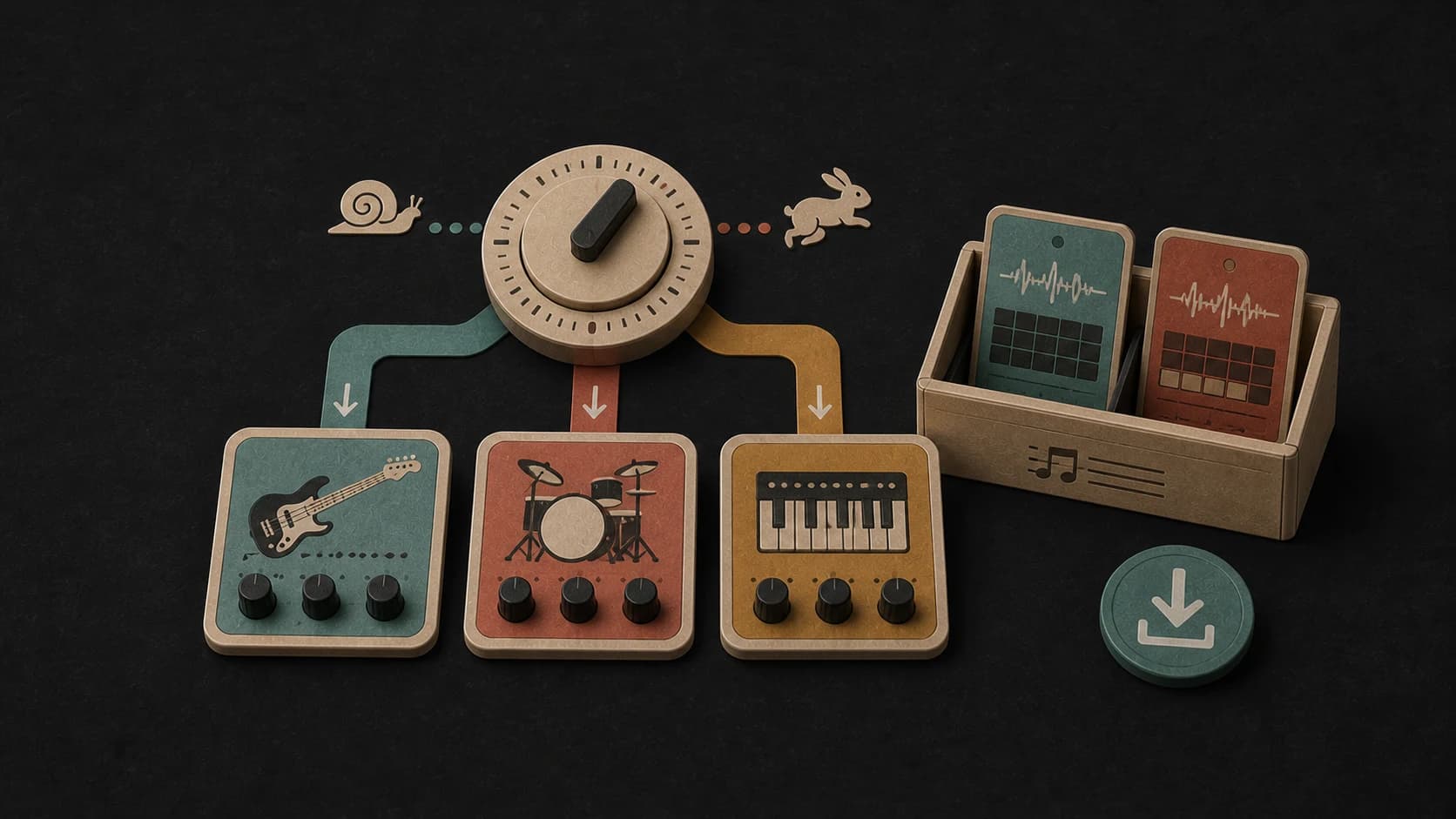 Instrument modules, a pace dial, saved beat cards, and a download control