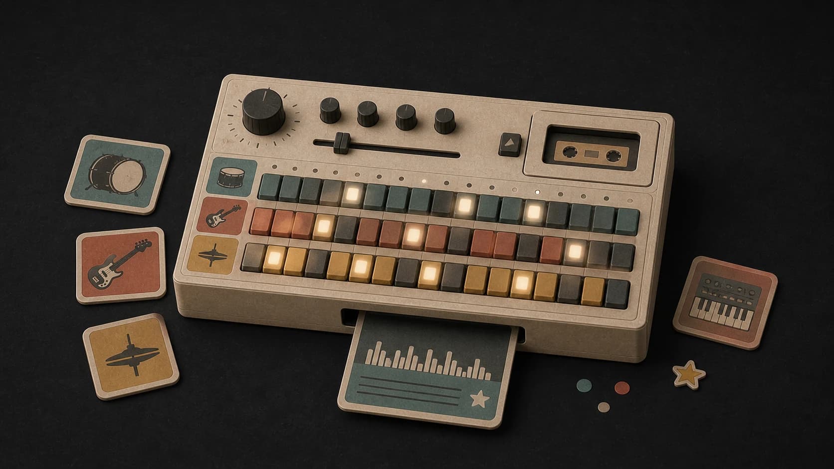 Drum, bass, and synth modules assembled into a beat