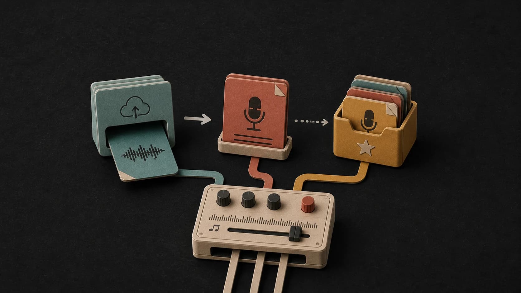An uploaded audio card and a reusable voice card connected to a cover console