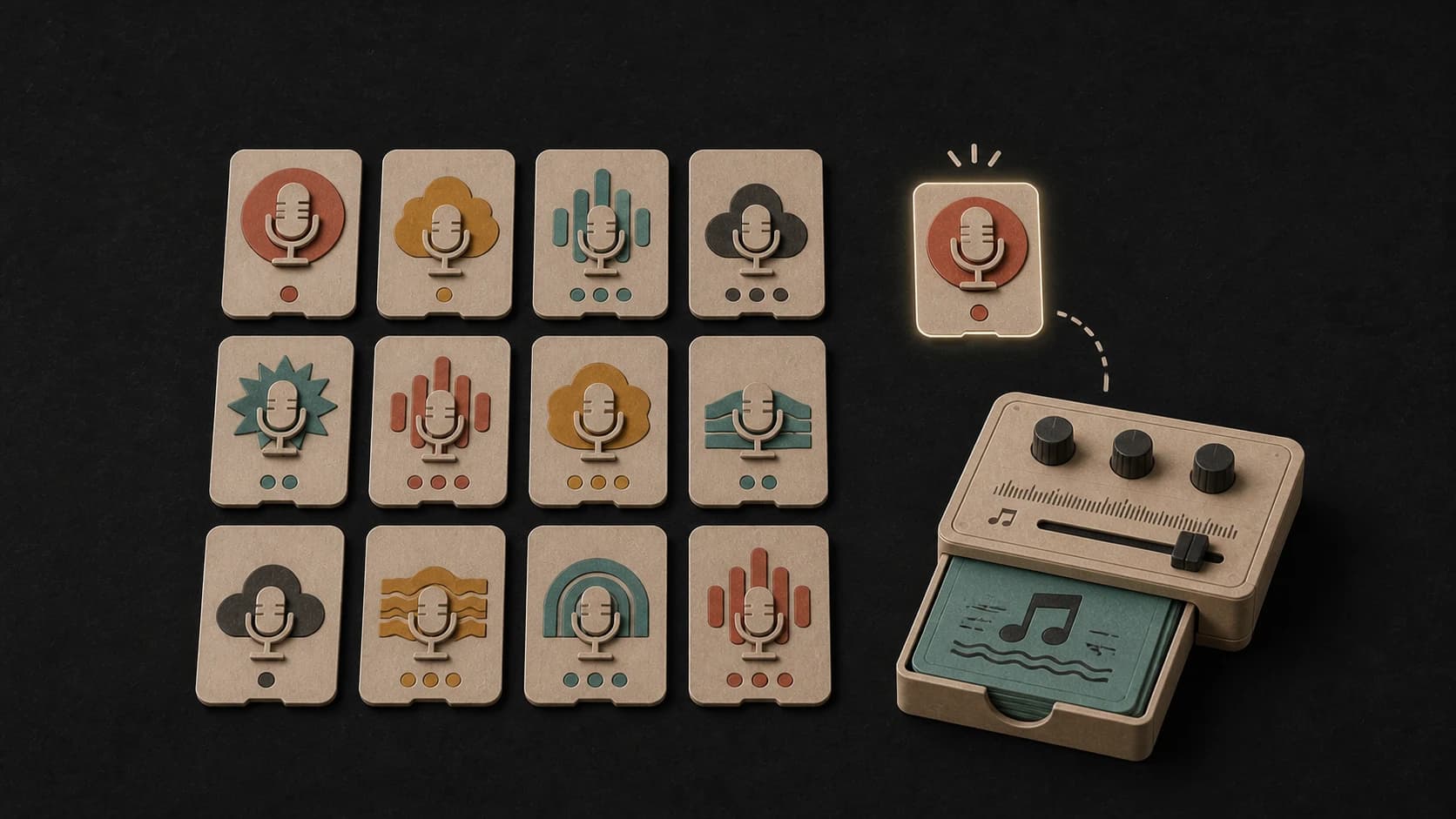 A tactile catalog of voice choices with one selected for a cover