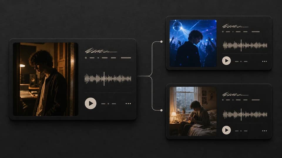One original song card branching into two remixed song cards with realistic fictional cover art.